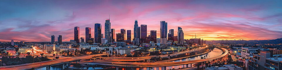 Fototapeta premium Modern cityscape of Los Angeles City with skyscrapers and highways, Los Angeles river in the background at dusk, illuminated by street lights. A Vincent Thomas bridge connecting two parts of downtown