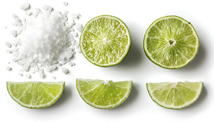Cut lime and salt isolated on white. Margarita cocktail ingredients