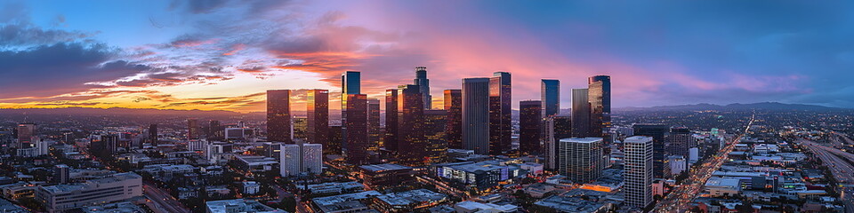 Modern cityscape of Los Angeles City with skyscrapers and highways, Los Angeles river in the background at dusk, illuminated by street lights. A Vincent Thomas bridge connecting two parts of downtown