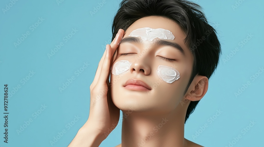 Poster a man performs a skincare routine at home using a calming face mask against a soft blue background i