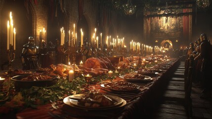 Medieval Feast in a Grand Hall. generative ai illustration.