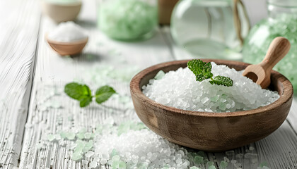 Sea salt bath scented mint for spa and aromatherapy on white wooden background, rustic style