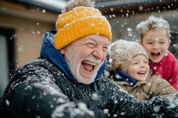 A playful and heartwarming moment captures a grandfather and his grandchildren reveling in the snow, their faces alight with joy and laughter in a winter wonderland.