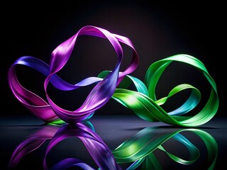 Vibrant purple and green ribbon twirls and swirls together in a beautiful, intricate dance, creating a stunning