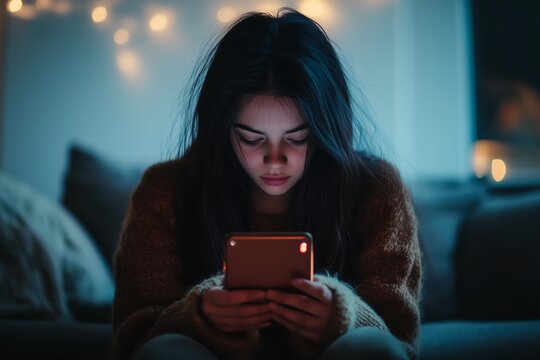 Pensive woman absorbed in smartphone in cozy, dimly lit room