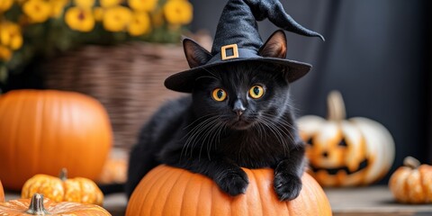Halloween black cat with pumpkin and witch hat