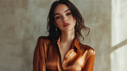 Fototapeta premium Photo of lovely stunning pretty lady wear brown satin stylish blouse demonstrate empty space