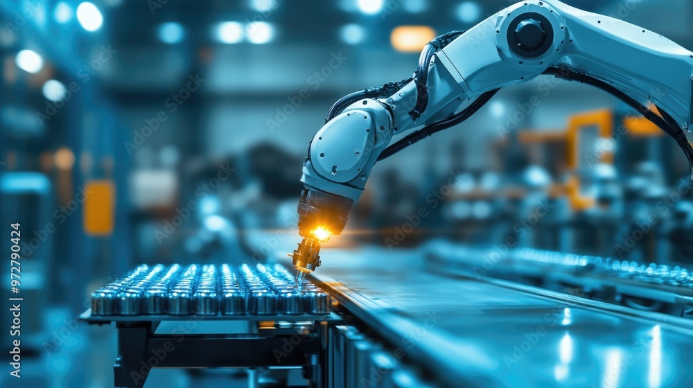 Poster an industrial robot arm assembling battery cells in a factory, with blurred movement conveying speed