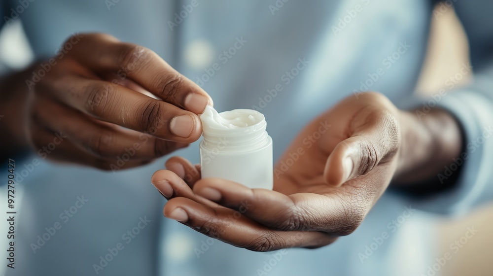 Aufkleber a person applying moisturizer from a small container while standing indoors during daylight hours