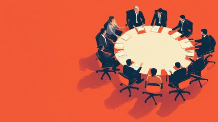 Business Team Meeting Around Round Table  Top View Illustration