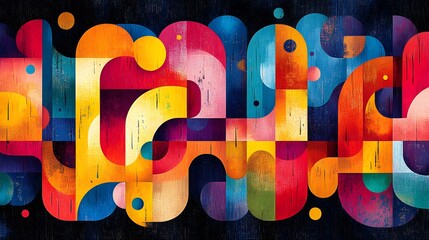 A lively, geometric abstract background with the phrase Shanah Tovah in Hebrew. Bright patterns and cheerful colors bring the design to life.