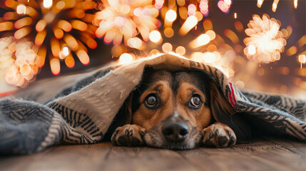 A frightened dog hiding under blankets, scared of fireworks