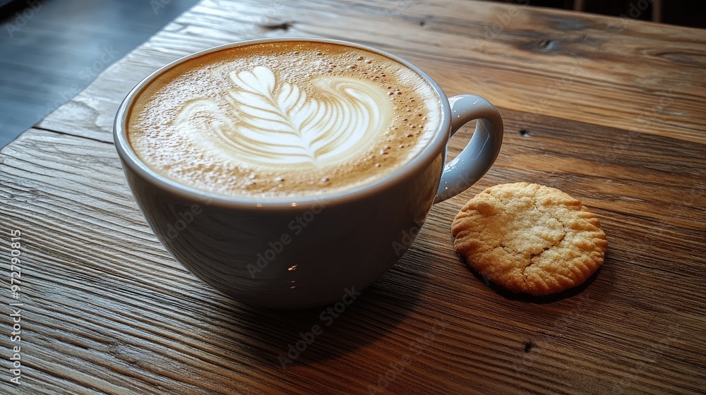 Poster an overhead view of a coffee cup with a frothy foam design, placed on a wooden table with a small co