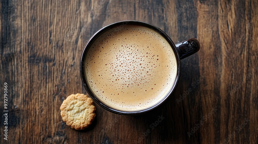 Poster an overhead view of a coffee cup with a frothy foam design, placed on a wooden table with a small co