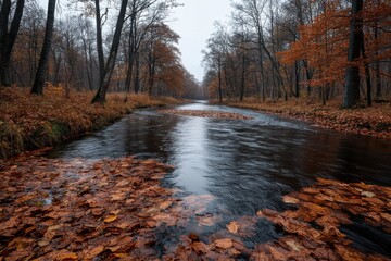 Fototapeta premium A flowing river cuts through the heart of an autumnal forest, the water reflecting the surrounding fiery orange and yellow foliage, evoking a sense of calm and wonder.