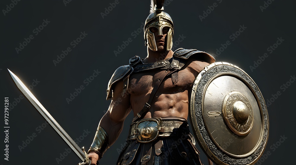 Poster 39. **3d render of a formidable gladiator in arena gear with a sword and shield