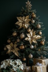 A Christmas tree decorated with metallic gold and silver ornaments, poinsettias flowersat, presents under the tree, dark green background