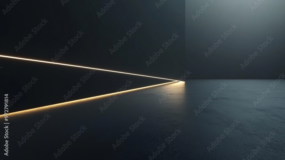 Poster minimalist abstract composition of a single line of light on a dark surface, with sharp contrasts an