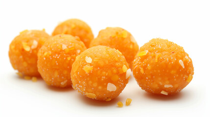 Orange ladoos isolated on a white background.