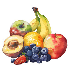 Watercolor painting of a vibrant fruit still life with apples, pears, bananas, grapes, cherries
