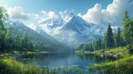 Serene mountain landscape with a tranquil lake and lush greenery.