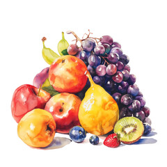 Watercolor painting of a vibrant fruit still life with apples, pears, bananas, grapes, cherries
