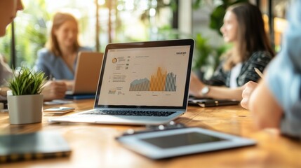 Business Meeting with Laptop  Chart and Graph  Brainstorming and Collaboration
