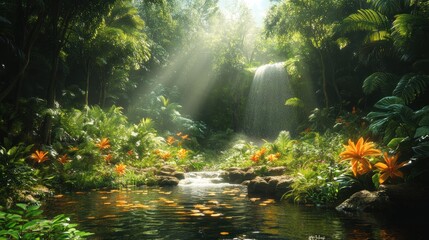 Lush tropical landscape with a waterfall and vibrant flora.