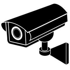 Black silhouette of a security camera isolated on white backdrop Simple graphic design of surveillance equipment. Concept of security, monitoring, safety. Print, logo, sign