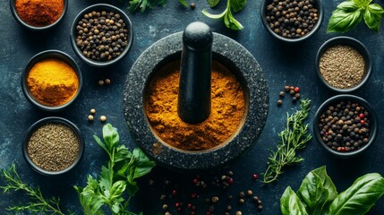 A mortar and pestle surrounded by bowls of fresh herbs