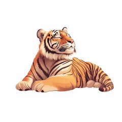 Fototapeta premium A serene tiger relaxing in a peaceful pose, showcasing its striking orange and black stripes, symbolizing strength and beauty.
