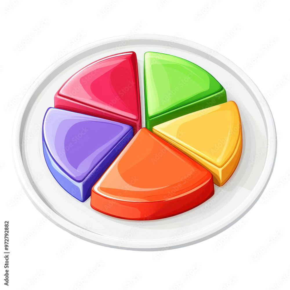 Poster a vibrant, colorful pie chart on a plate showcasing segments of different colors for visual represen