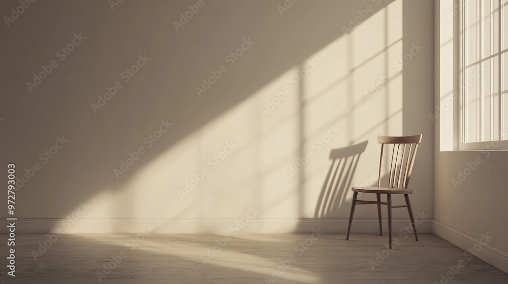 Wall mural minimalist scene of a single chair in an empty room, with soft light from a nearby window creating a