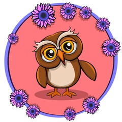 Little and sweet baby owl on pink background with round frame decorated with flowers of various sizes