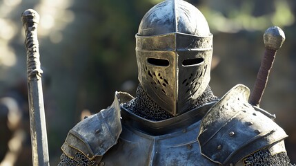Naklejka premium 34. **Charming 3D depiction of a knight-errant in traveling armor with a longsword