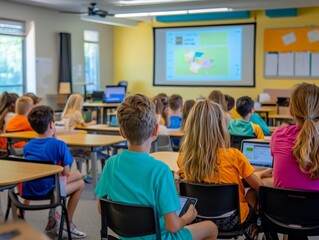 A classroom where children are participating in a cybersecurity awareness workshop, learning about online safety, privacy, and responsible internet use