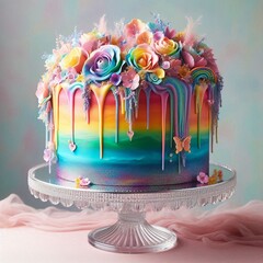 "A fantasy cake with rainbow-colored layers, cascading frosting, and edible flowers, set on a glittering crystal cake stand."