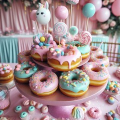 "A whimsical donut display, featuring donuts with pastel icing, sprinkles, and fun toppings like candy and edible glitter."