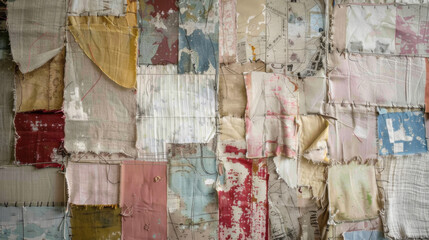 A wall covered in various pieces of cloth, each piece cut and stitched together to create an abstract pattern that resembles the map outline for USA with different color fabrics. The fabric is distres