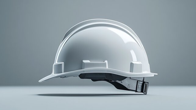 A sleek white hard hat is displayed from a side perspective on a simple gray background, perfect for construction or industrial-themed stock photography