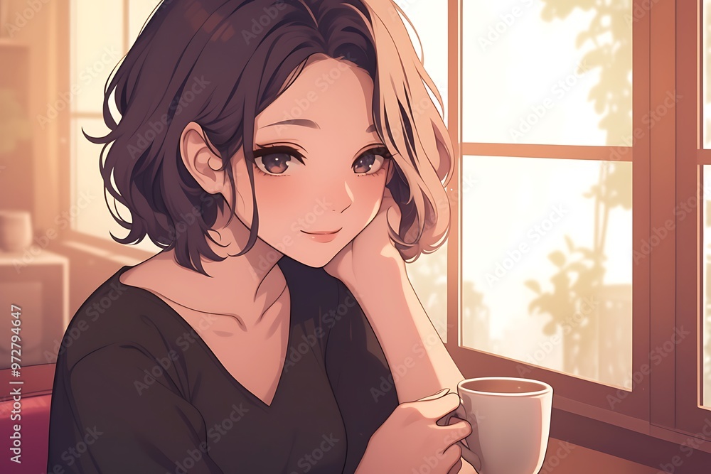 Wall mural anime girl with short hair holding a cup of coffee by a window