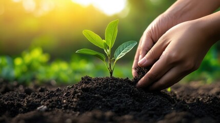 Hands gently lifting a small plant from the soil, symbolizing nurturing growth and collective effort