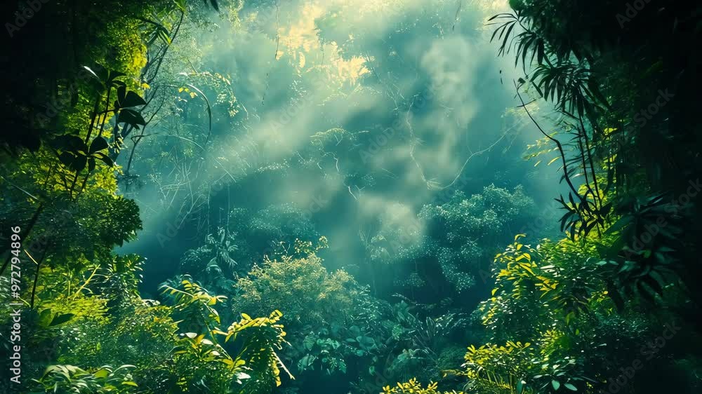 Aufkleber exploring dense foliage in a vibrant forest with sunlight filtering through trees