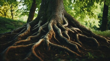 Obraz premium Intertwined roots of a tree, symbolizing deep connections and mutual support in nature