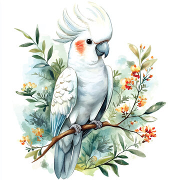 recommend clip art: cute Cockatoo watercolor clipart illustration isolated