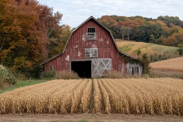Obraz premium An old rustic barn nestled in a golden wheat field with vibrant autumn trees in the background, capturing the essence of a peaceful rural setting during harvest season.