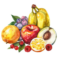 Watercolor painting of a vibrant fruit still life with apples, pears, bananas, grapes, cherries
