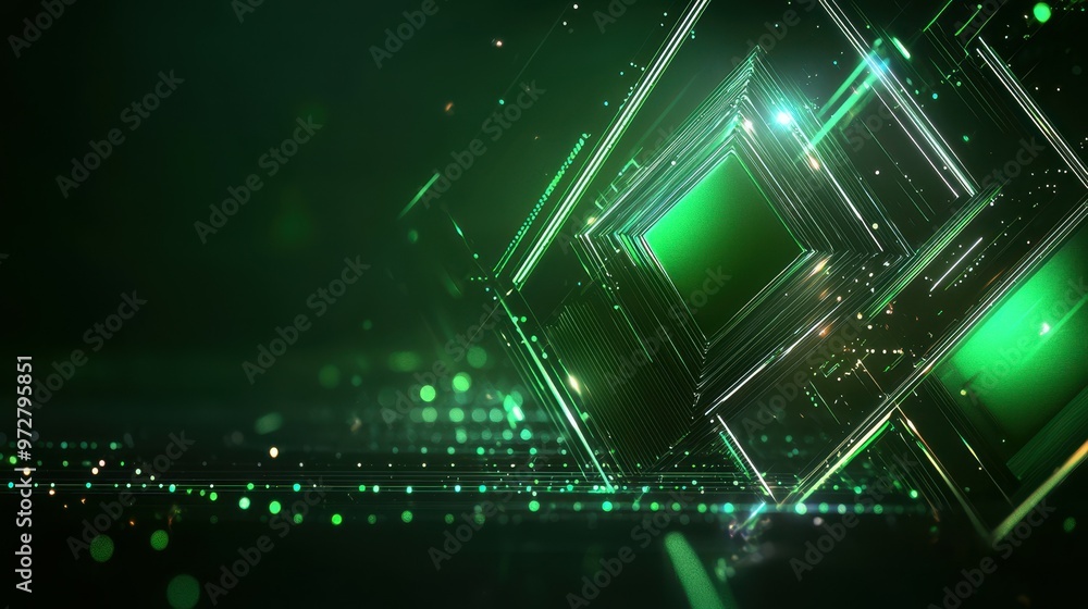 Poster abstract green geometric pattern with glowing elements and depth effects.
