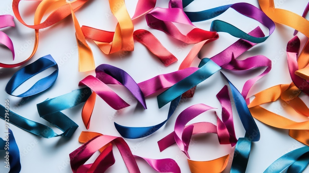 Poster multiple ribbon loops in various colors, scattered on a white background, creating a festive and joy
