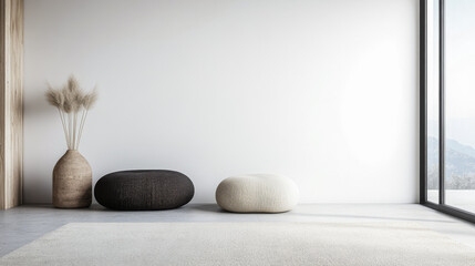 Minimalist meditation corner in a room with cushions, minimal furniture and a large window filling the space with natural lighting. Scandinavian residential interiors with copyspace